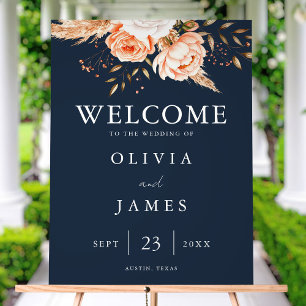 Elegant Navy Blue Boho Chic Floral Wedding Welcome Acrylic Sign