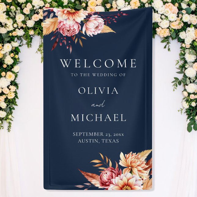 Elegant Navy Blue Boho Chic Floral Wedding Welcome Banner (Creator Uploaded)