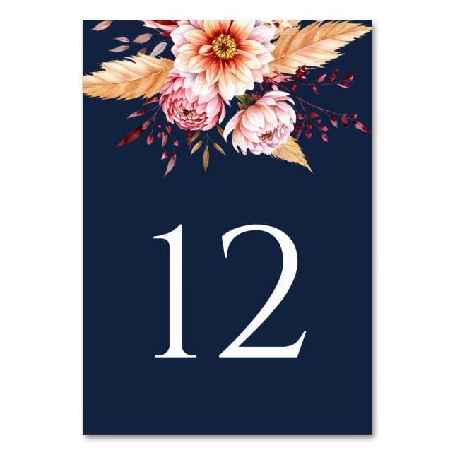 Elegant Navy Blue Boho Floral Wedding Table Number (Front)