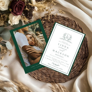 Elegant Navy Blue botanical crest monogram wedding Invitation