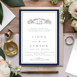 Elegant Navy Blue botanical crest monogram wedding Invitation