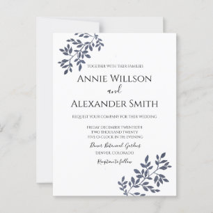Elegant Navy Blue Botanical Wedding Invitation Postcard
