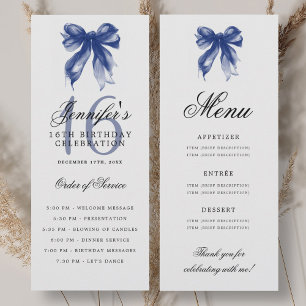 Elegant Navy Blue Bow 16th Birthday Program Menu Invitation
