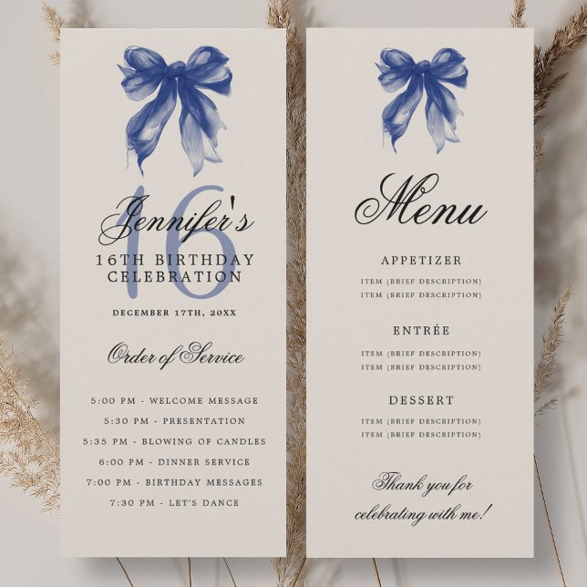 Elegant Navy Blue Bow 16th Birthday Program Menu Invitation (Elegant Navy Blue Bow 16th Birthday Program Menu)