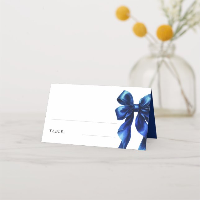 Elegant Navy Blue Bow Bridal Shower Table Place Card (Front)