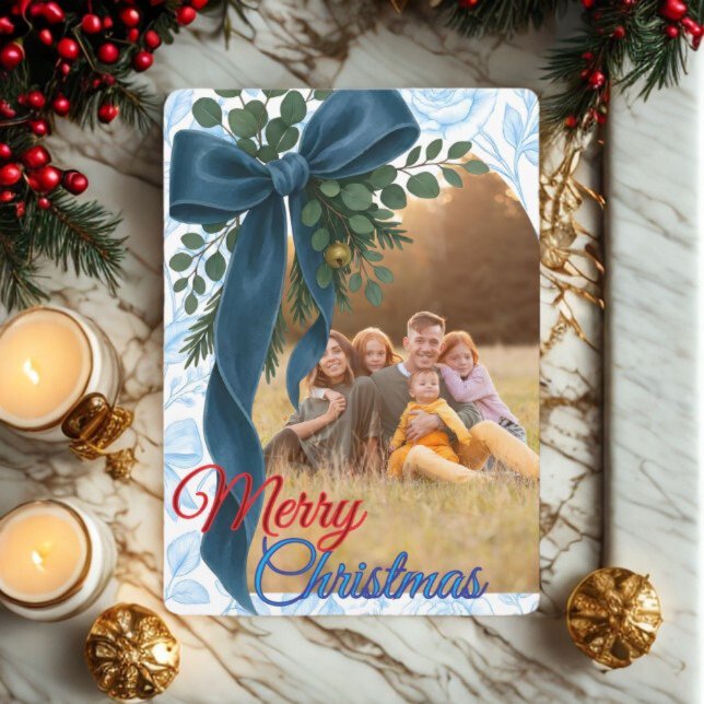 Elegant Navy Blue Bow & Fresh Greenery Photo  Holiday Card (Creator Uploaded)