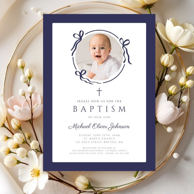 Elegant Navy Blue Bow Photo Baptism Invitation (Elegant Navy Blue Bow Photo Baptism Invitation)