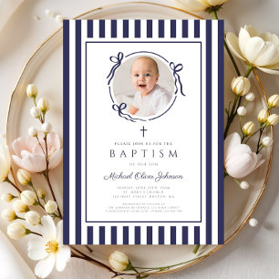 Elegant Navy Blue Bow Photo Boy Baptism Invitation