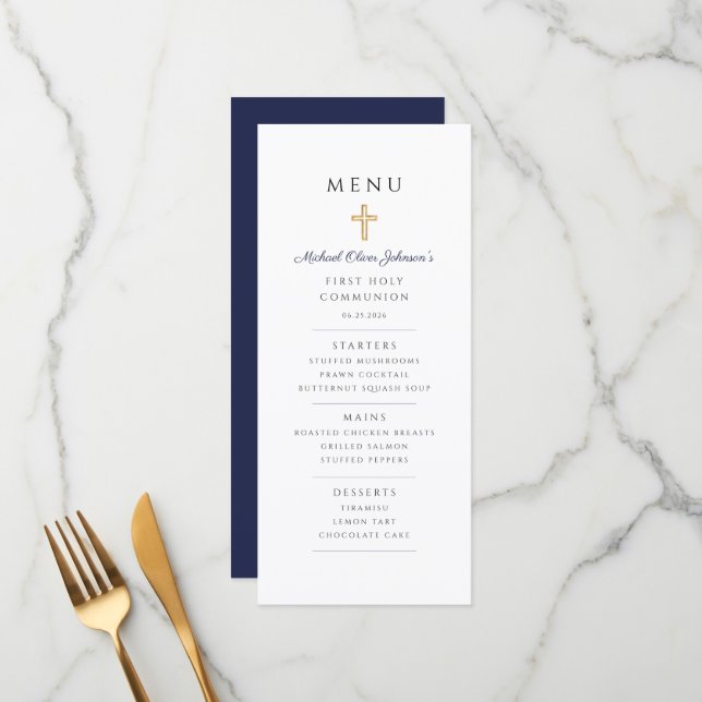 Elegant Navy Blue Boy First Communion Menu (Front/Back In Situ)