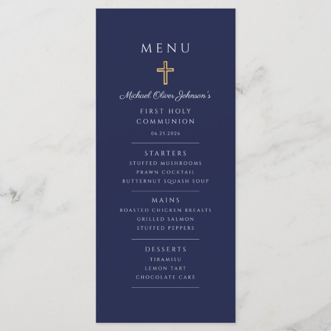 Elegant Navy Blue Boy First Communion Menu (Front)