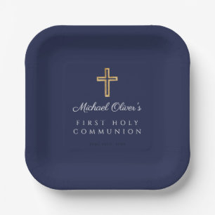 Elegant Navy Blue Boy First Communion Paper Plate