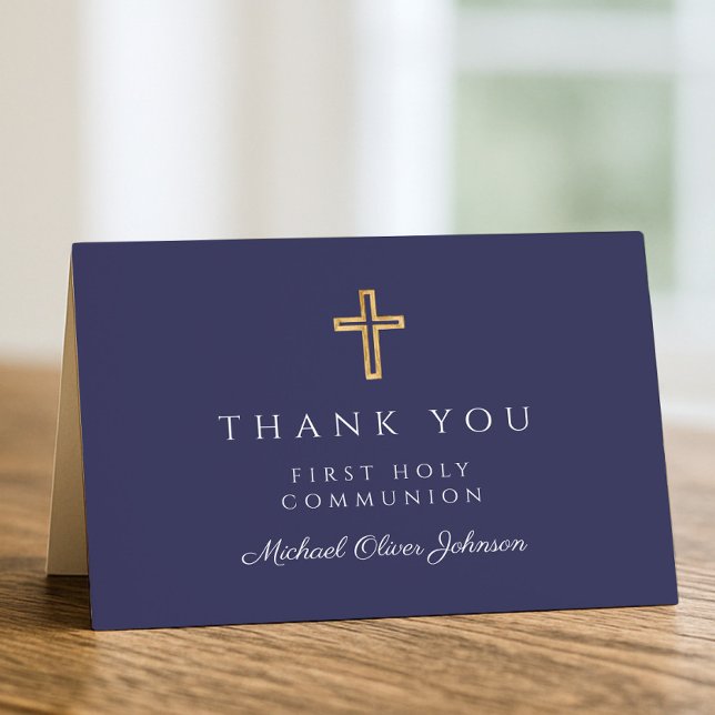 Elegant Navy Blue Boy First Communion  Thank You Card (Elegant Navy Blue Boy First Communion Thank You Card)