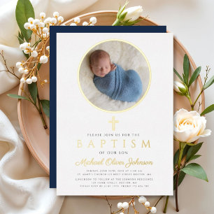 Elegant Navy Blue Boy Religious Photo Baptism Gold