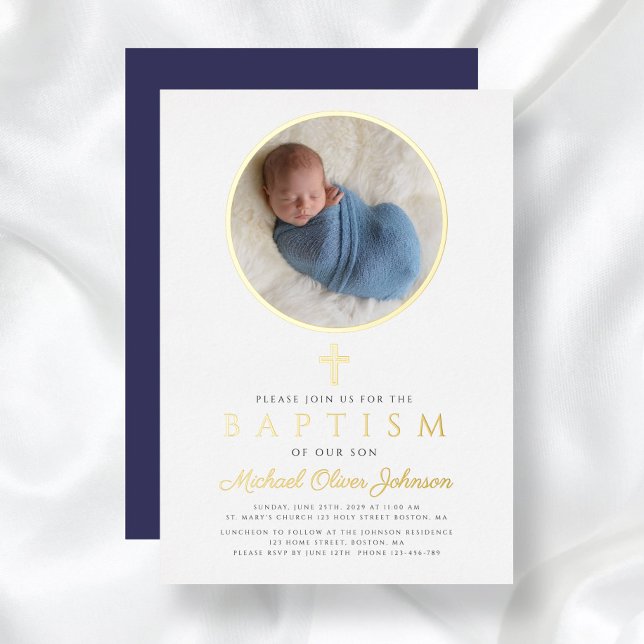 Elegant Navy Blue Boy Religious Photo Baptism Gold (Elegant Navy Blue Boy Religious Photo Baptism Gold Foil Invitation)