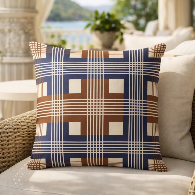 Elegant Navy Blue Brown Geometric Check Cushion (Creator Uploaded)