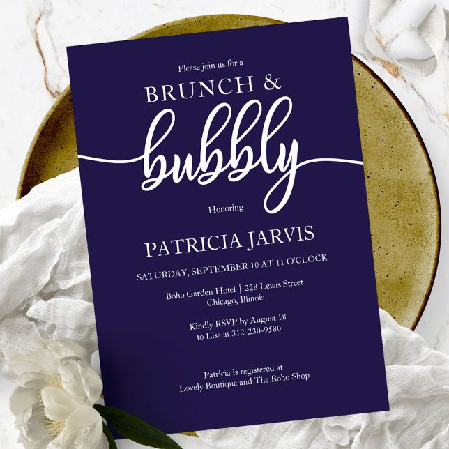 Elegant Navy Blue Brunch And Bubbly Bridal Shower Invitation (Creator Uploaded)