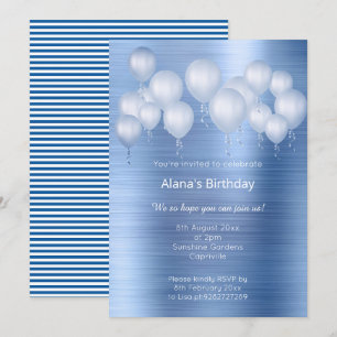 ELEGANT NAVY BLUE BRUSHED METAL BALOON BIRTHDAY INVITATION
