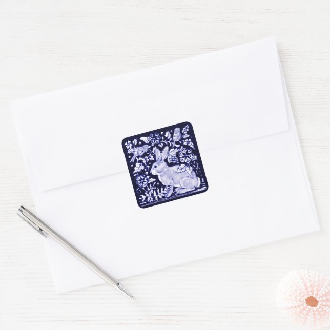 Elegant Navy Blue Bunny Rabbit Birds Easter Delft Square Sticker (Envelope)