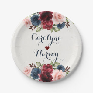 Elegant Navy Blue Burgundy Blush Flowers Wedding Paper Plate