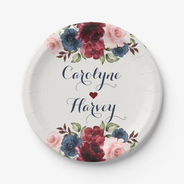 Elegant Navy Blue Burgundy Blush Flowers Wedding Paper Plate (Front)