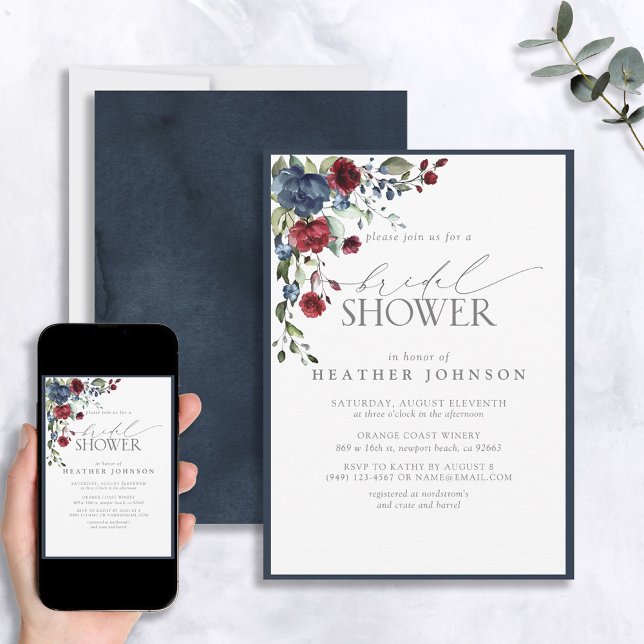 Elegant Navy Blue Burgundy Botanical Bridal Shower Invitation (Creator Uploaded)