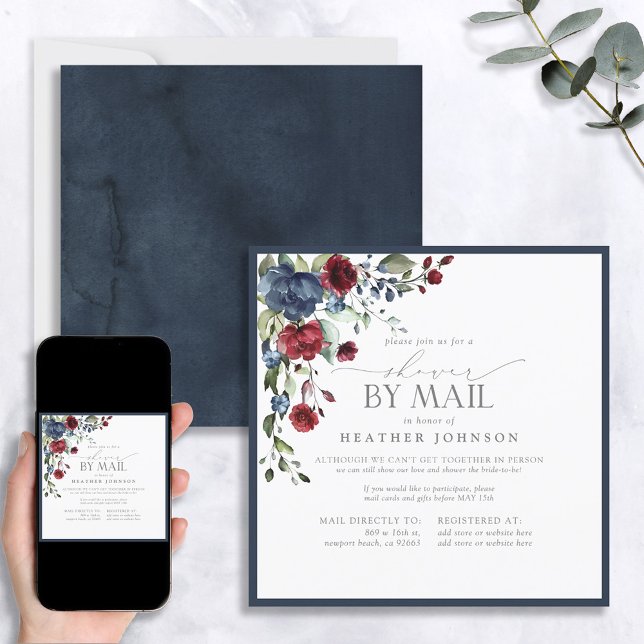 Elegant Navy Blue Burgundy Botanical Shower Mail Invitation (Creator Uploaded)