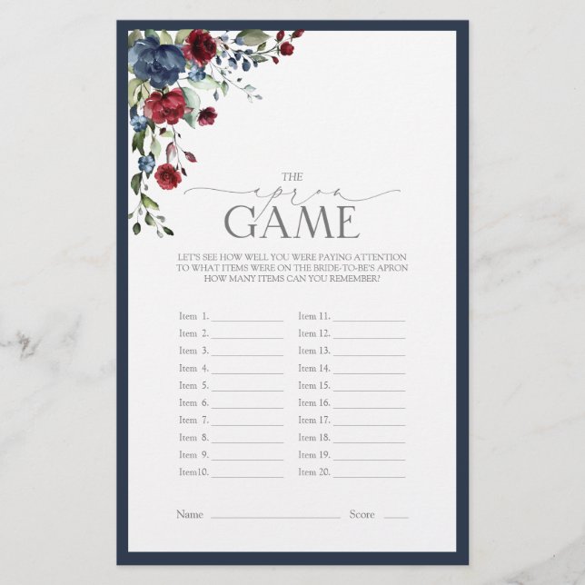 Elegant Navy Blue Burgundy Bridal Shower Game (Front)