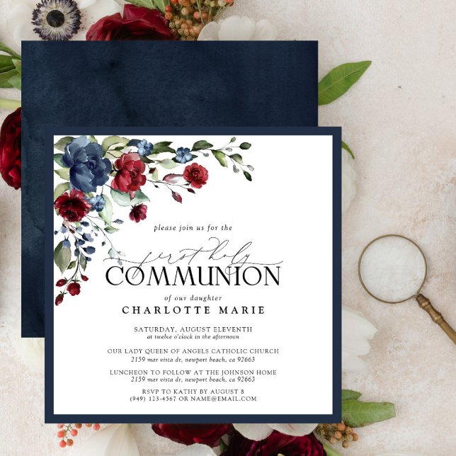 Elegant Navy Blue Burgundy First Holy Communion Invitation (Creator Uploaded)