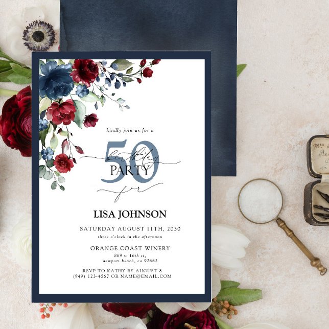 Elegant Navy Blue Burgundy Floral 50th Birthday Invitation (Creator Uploaded)