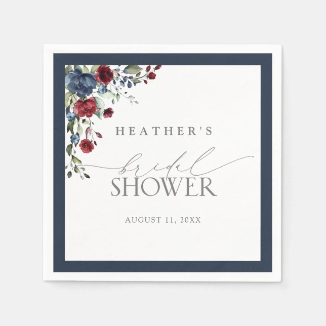 Elegant Navy Blue Burgundy Floral Bridal Shower Napkin (Front)