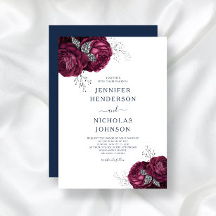 Elegant Navy Blue Burgundy Floral Peonies Wedding Invitation