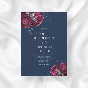 Elegant Navy Blue Burgundy Floral Peonies Wedding Invitation