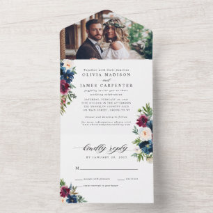 Elegant Navy Blue Burgundy Floral Photo Wedding All In One Invitation