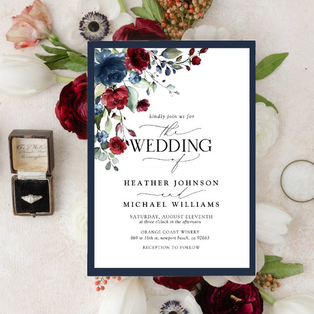 Elegant Navy Blue Burgundy Floral Watercolor Photo Invitation (Creator Uploaded)