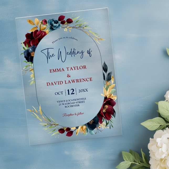 Elegant Navy blue burgundy floral wedding Acrylic Invitations (Creator Uploaded)