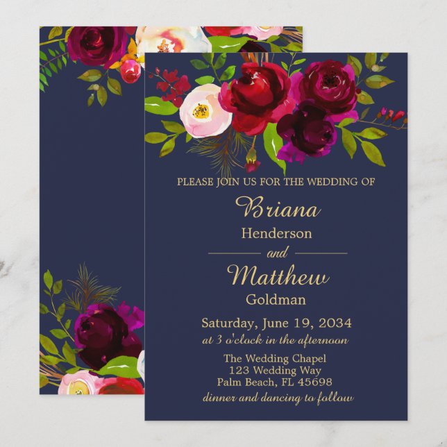 Elegant Navy Blue Burgundy Floral Wedding Invitation (Front/Back)