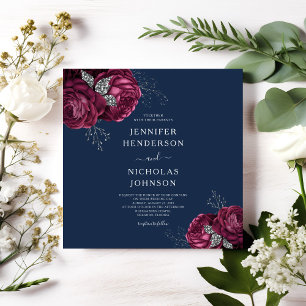 Elegant Navy Blue Burgundy Red Floral Peonies Invitation