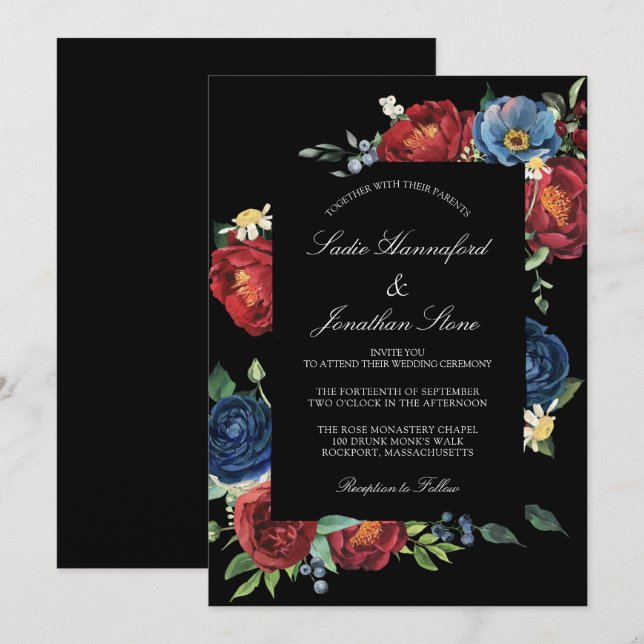 Elegant Navy Blue Burgundy Red Floral Wedding Invi Invitation (Front/Back)