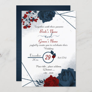 elegant navy blue & burgundy red flowers wedding invitation