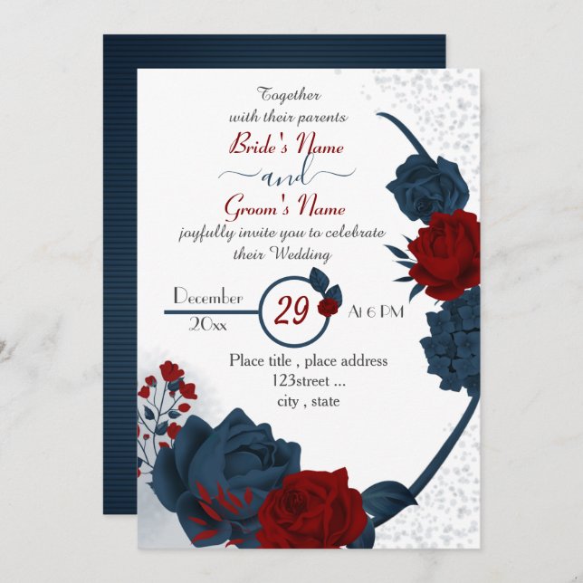 elegant navy blue & burgundy red flowers wedding invitation (Front/Back)