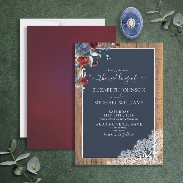 Elegant Navy Blue Burgundy Wood Script  Wedding Invitation (Creator Uploaded)