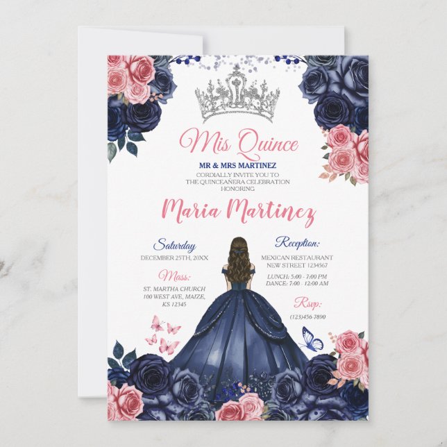 Elegant Navy Blue Butterfly Pink Floral Mis Quince Invitation (Front)