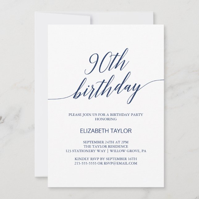 Elegant Navy Blue Calligraphy 90th Birthday Invitation (Front)