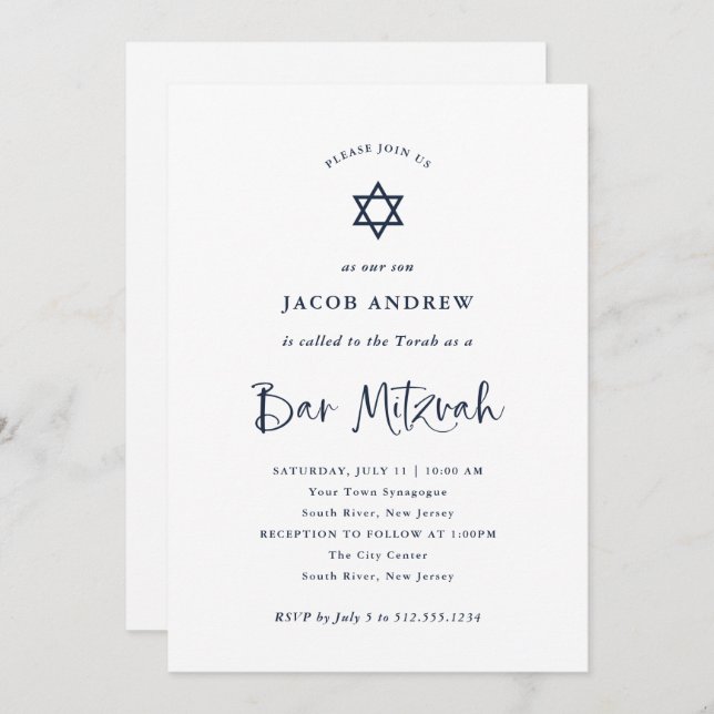 Elegant Navy Blue Calligraphy | Bar Mitzvah Invitation (Front/Back)
