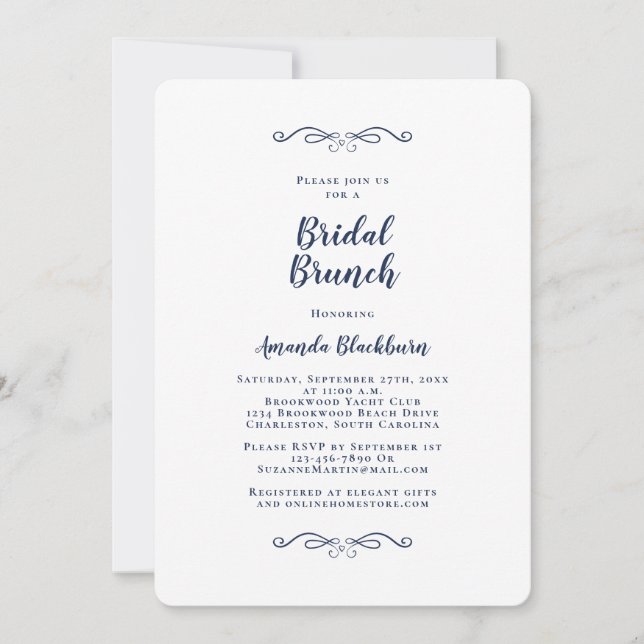 Elegant Navy Blue Calligraphy Bridal Brunch  Invitation (Front)
