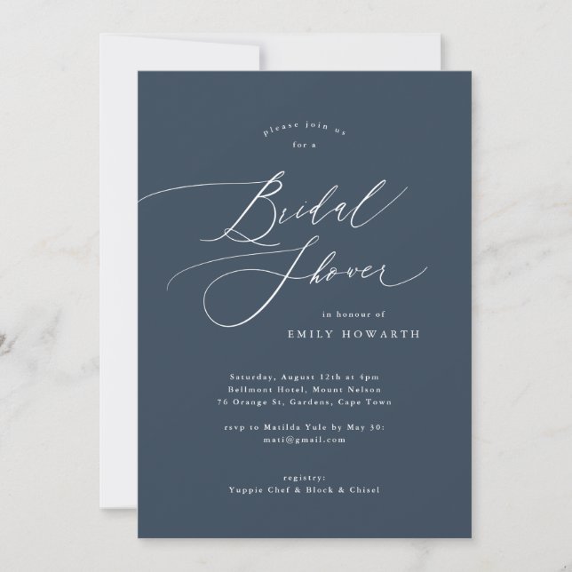 Elegant Navy Blue Calligraphy Bridal Shower Invitation (Front)