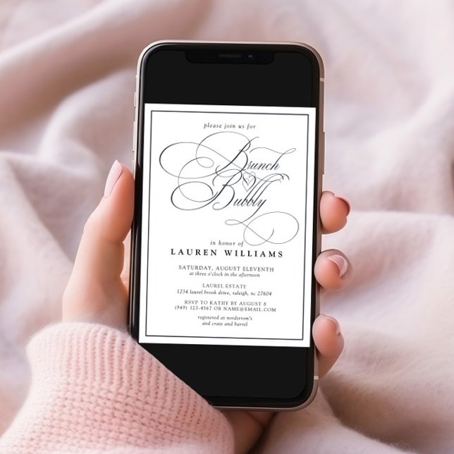 Elegant Navy Blue Calligraphy Brunch & Bubbly Invitation (Creator Uploaded)
