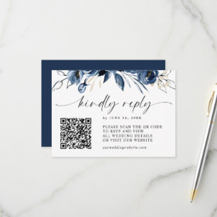 Elegant Navy Blue Calligraphy QR Code Enclosure & RSVP Card