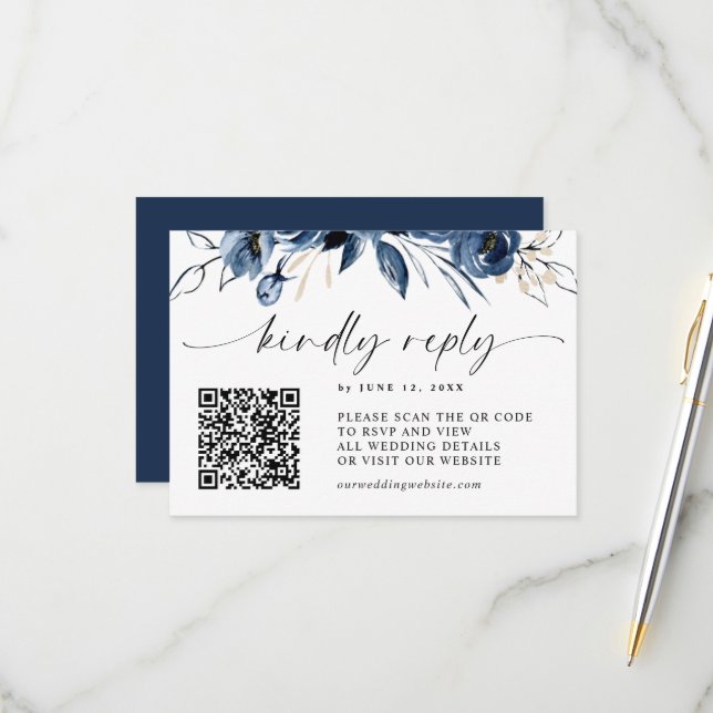 Elegant Navy Blue Calligraphy QR Code Enclosure & RSVP Card (Front/Back In Situ)