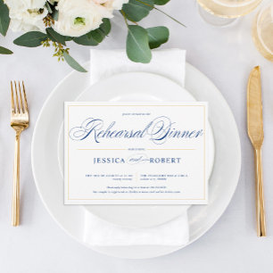 Elegant Navy Blue Calligraphy Rehearsal Lunch Invitation
